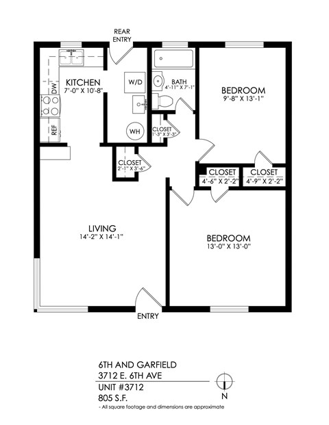 Floor plan for 2 beds, 1 bath, 900 sqft